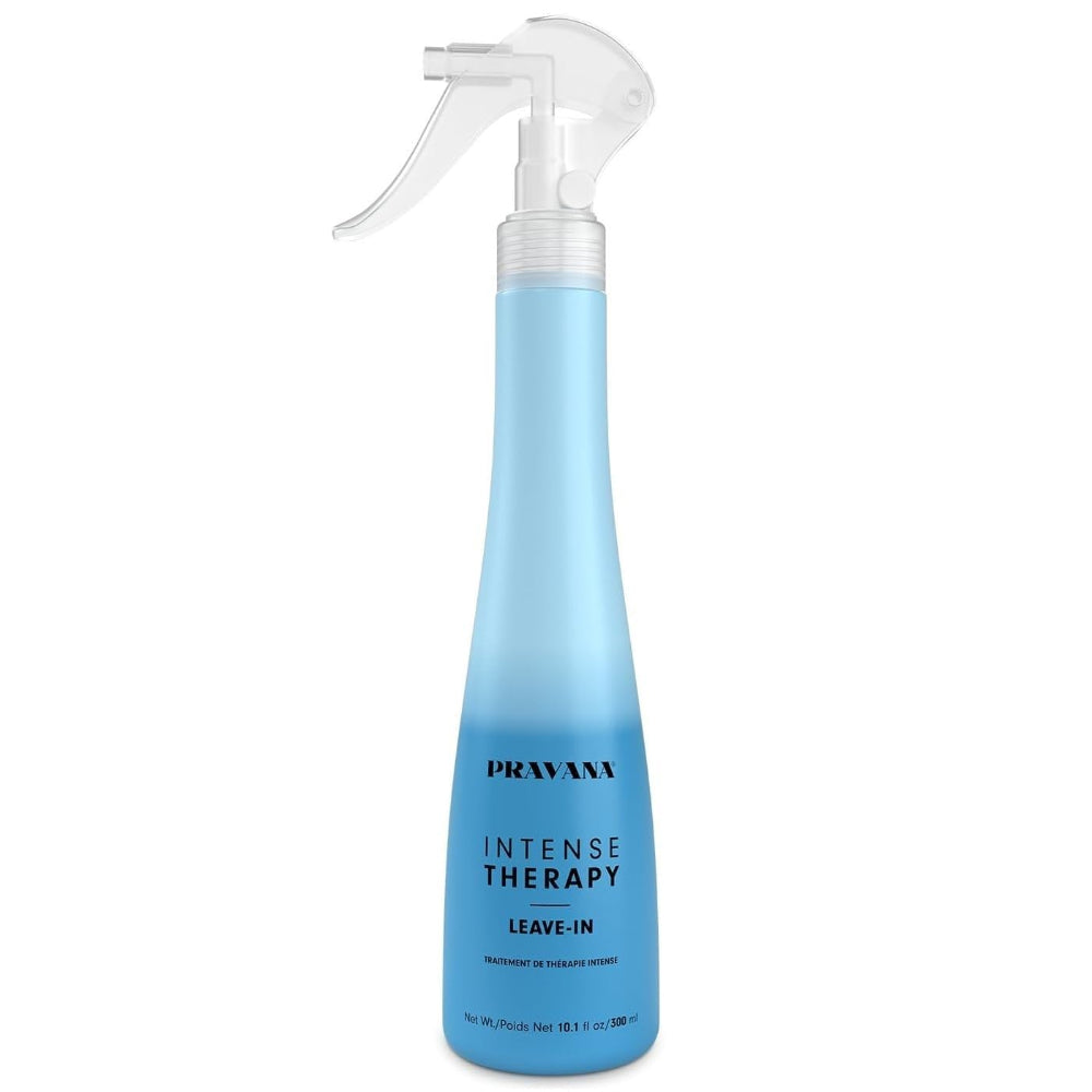 Blue spray bottle with 'PRAVANA' branding on a white background
